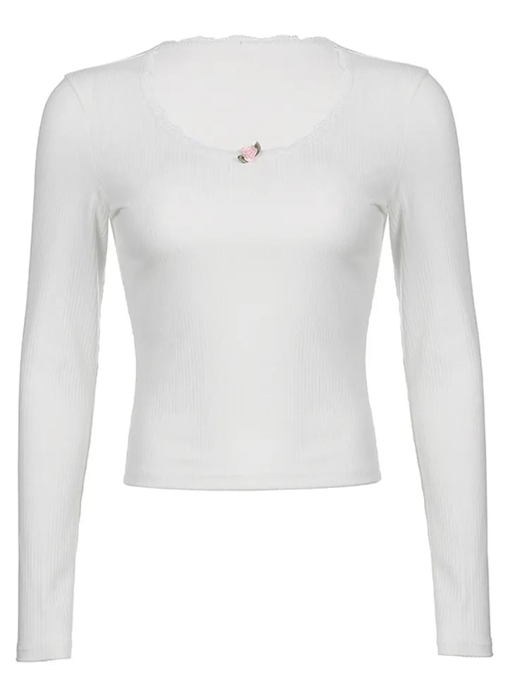 White Rose Ribbed Long Sleeve T-shirt