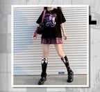 Black Bear Bow Cartoon Print Short Sleeve Tee Shirt T-shirt Top Goth Punk Causal Summer E-Girl Kawaii Korean Japanese Harajuku Streetwear