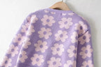 Cute Vintage 90s Purple Pink Flowers Cardigan Long Sleeve Shirt Top V Neck Sweater Jumper Aesthetic E-Girl Kawaii Korean Japanese Harajuku Streetwear