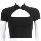 Cute Sexy Casual Black Hallow Out Crop Top Short Sleeve Shirt Tee T-shirt E-Girl Kawaii Korean Japanese Harajuku Chinese Retro Streetwear Aesthetic