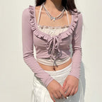 Purple & White Patchwork Ruffle Halter Crop Top