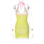 Yellow Plaid V Neck Halter Mini Dress