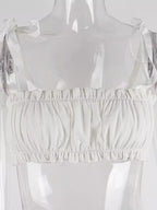 White Pleated Hollow Out Bustier Bandage Bodycon Crop Top Sleeveless Shirt Beach Boho Summer Aesthetic Casual E-Girl Kawaii Korean Japanese Harajuku