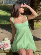 Green Backless Ruffle Dress Aesthetic Casual E-Girl Kawaii Korean Japanese Harajuku