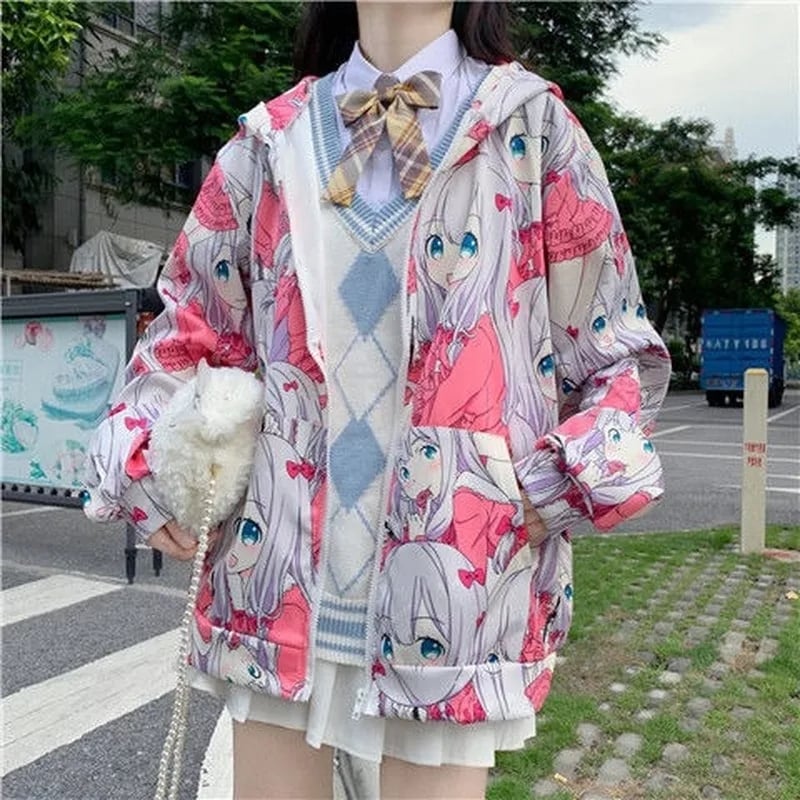 Cute Anime Girl Zip Up Hoodie Jacket Jumper Sweatshirt Long Sleeve Shirt Aesthetic Casual E-Girl Kawaii Korean Japanese Harajuku