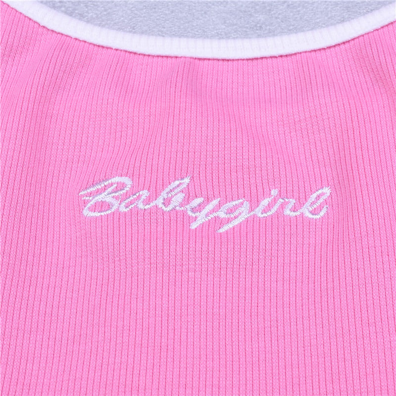 Sexy Pink Babygirl Letter Embroidery Spaghetti Strap Patchwork Crop Top Summer T-shirt E-Girl Kawaii Korean Japanese Harajuku Retro Streetwear Fashion