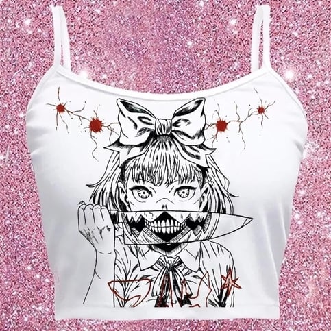 Cute White Killer Knife Anime Girl Cartoon Print Crop Top Camisole Sleeveless Shirt Punk Goth Aesthetic Casual E-Girl Kawaii Korean Japanese Harajuku