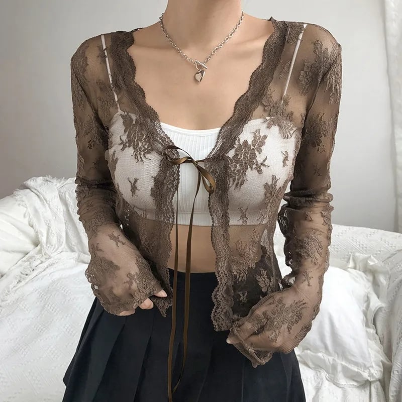 Brown Lace Mesh Tie Up Cardigan