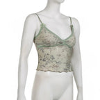 Floral Print Lace Trim Mesh Crop Top
