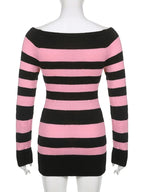 Pink & Black Stripe Off Shoulder Knit Dress