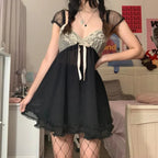 Black Vintage Lace Patchwork Mini Dress