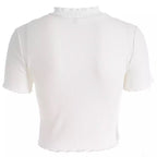 Cute Anime Girl Crying Eye Embroidery White Ribbed Crop Top Short Sleeve Shirt T-shirt Summer Casual E-Girl Kawaii Korean Japanese Harajuku Streetwear