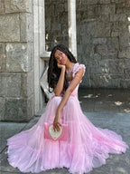 Pink Fairy Mesh Puffy Square Neck Long Dress
