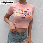 Cute Sensitive Pink Flower Embroidery Sexy Crop Top Short Sleeve Shirt Tee T-shirt Summer Casual E-Girl Kawaii Korean Japanese Harajuku Streetwear