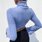 Cute Sexy Blue Cut Out Flare High Neck Knit Long Sleeve Shirt Tee T-shirt E-Girl Kawaii Korean Japanese Harajuku Chinese Retro Streetwear Aesthetic