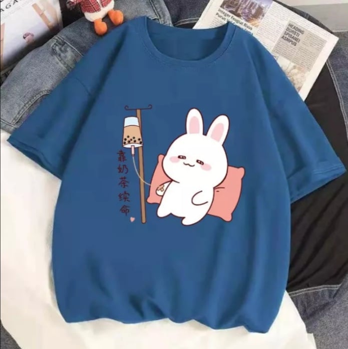 Cute Rabbit Boba Bubble Milk Tea Graphic Cartoon Print Loose Short Sleeve T-shirt Aesthetic Casual Summer E-Girl Kawaii Korean Japanese Harajuku