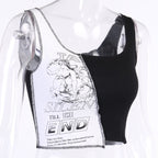 Cute Sexy Black White Patchwork Print Tank Crop Top Sleeveless Shirt Punk Bodycon Aesthetic Goth E-Girl Kawaii Korean Japanese Harajuku Streetwear