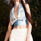 Blue Flower Embroidery Collar Vest Top