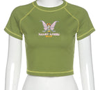 Cute Butterfly Graphic Letter Green Crop Top Short Sleeve Shirt Tee T-shirt E-Girl Kawaii Korean Japanese Harajuku Chinese Retro Streetwear Aesthetic
