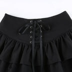 Cute Black Goth Lace Up High Waisted Ruffle Skirt Punk Bandage A-line Lace Trim Tutu Casual E-Girl Kawaii Korean Japanese Harajuku Streetwear