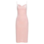 Pink Satin Low Cut Halter Maxi Dress