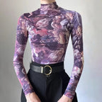 Purple Victorian Print Mesh Long Sleeve Shirt