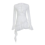 White Ruffle A-Line Chiffon Long Sleeve Flare Dress