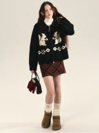 Squirrel Graphic Zipper Sweater