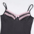 Cute Sexy 90s Black Pink Lace Trim Striped V Neck Mini Dress Dark Academia Aesthetic Goth E-Girl Kawaii Korean Japanese Harajuku Streetwear