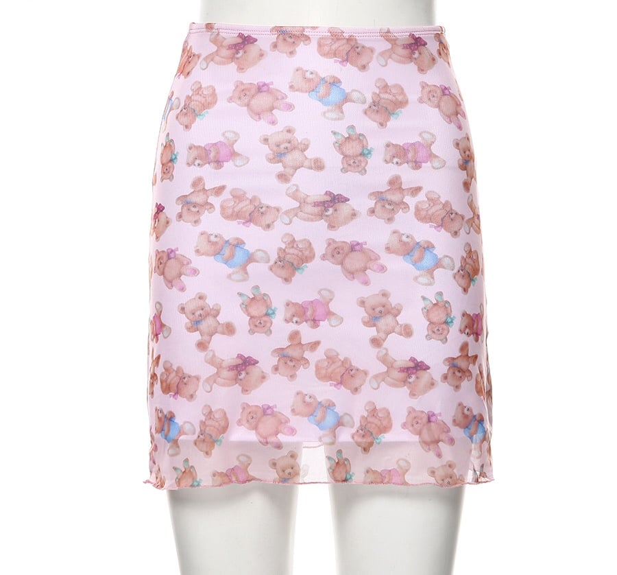Cute Pink Bear Cartoon 90s Vintage Print Mesh Sheer Mini Skirt Bottom E-Girl Kawaii Korean Japanese Harajuku Retro Streetwear Fashion