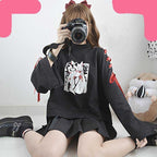 Cute Vintage Anime Fox Print Lace Up Long Sleeve Shirt Hoodie Sweatshirt Top Punk Goth E-Girl Kawaii Korean Japanese Harajuku Streetwear