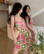 Pink Crochet Square Mini Dress