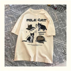 Cat Milk Cartoon Print Short Sleeve T-shirt