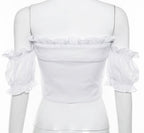 Cute Sexy Lace Up Ruffle Crop Top Short Sleeve Shirt T-shirt Tee Top Kawaii Korean Japanese Harajuku Chinese Retro Streetwear Aesthetic Fashion