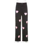 Cute Vintage Pink Heart Print Black Denim Jeans Straight High Waist Long Trouser Pants Autumn Casual E-Girl Kawaii Korean Japanese Harajuku Streetwear