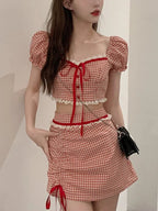 2PCS Red Plaid Crop Top + Mini Skirt