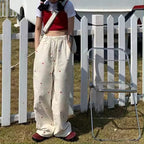 Cute Beige Love Hearts Wide Leg Pants Trouser Bottoms Aesthetic Casual Summer E-Girl Kawaii Korean Japanese Harajuku