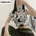 Sexy Goth Grunge Star Moon Celestial Print Ruffle Mesh Transparent Crop Top Short Sleeve Tee Shirt E-Girl Kawaii Korean Japanese Harajuku Streetwear