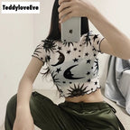 Sexy Goth Grunge Star Moon Celestial Print Ruffle Mesh Transparent Crop Top Short Sleeve Tee Shirt E-Girl Kawaii Korean Japanese Harajuku Streetwear