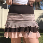 Brown Vintage Patchwork Pleated Ruffle Mini Skirt