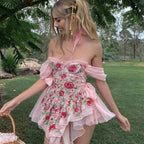 Pink Rose Lace Up Mini Dress