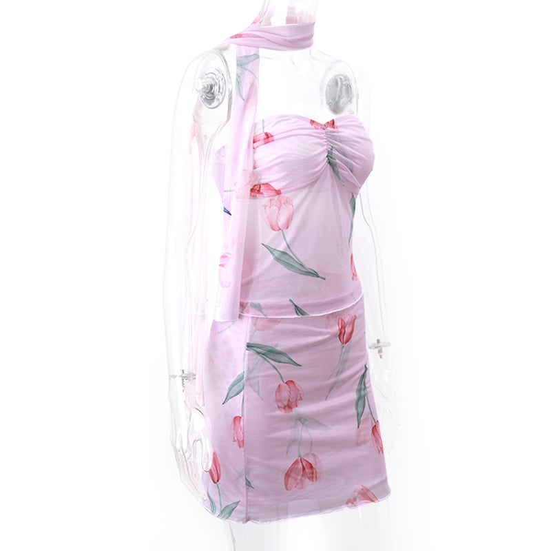 2PCS Pink Tulip Print Tube Top + Mini Skirt