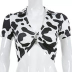 Cute Cow Print V Neck Short Sleeve Shirt Crop Top Summer Aesthetic Casual E-Girl Kawaii Korean Japanese Harajuku