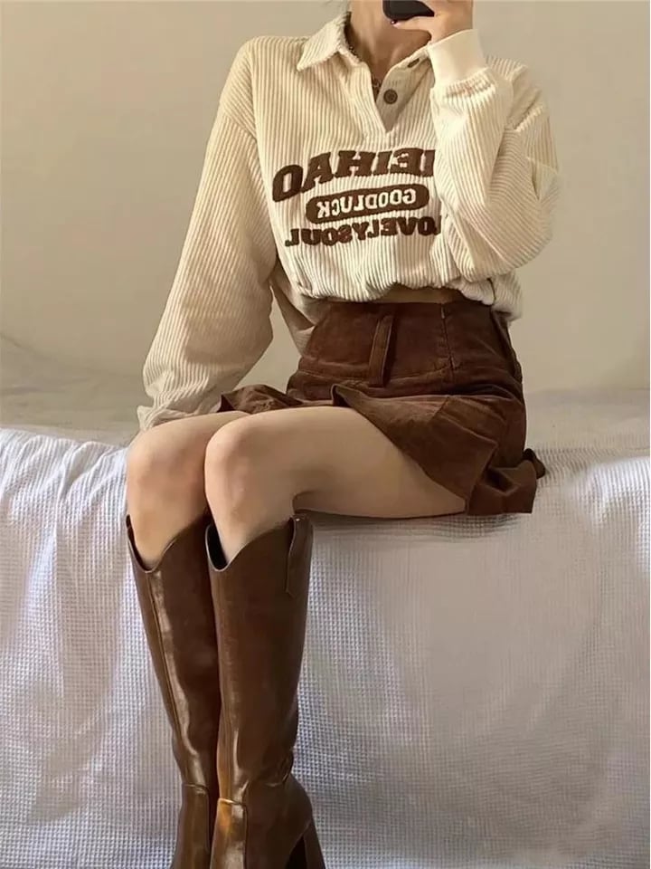 Beige Embroidery Polo Collar Embroidery Oversized Long Sleeve Shirt