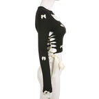 Black Bow Ribbon Hollow Out Knit Long Sleeve Shirt