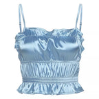 Blue Silk Satin Ruched Ruffle Frilly Tank Top Backless Crop Top Sleeveless Shirt Summer Aesthetic Casual E-Girl Kawaii Korean Japanese Harajuku