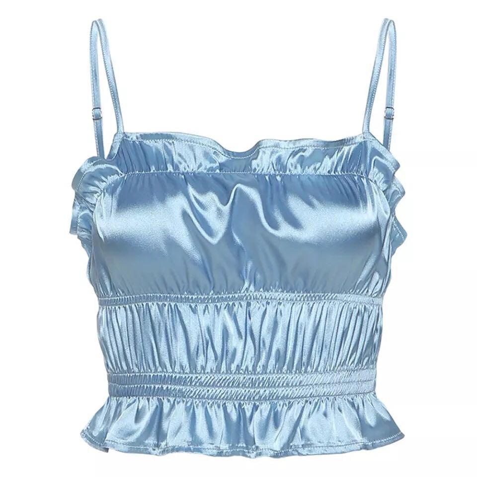 Blue Silk Satin Ruched Ruffle Frilly Tank Top Backless Crop Top Sleeveless Shirt Summer Aesthetic Casual E-Girl Kawaii Korean Japanese Harajuku