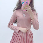 Cute Rabbit Animal Embroidery Knit Turtleneck Sweater Sweatshirt Pullover Long Sleeve Shirt E-Girl Kawaii Korean Japanese Harajuku Streetwear