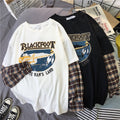 Black White Plaid Patchwork Print Loose Casual Sweatshirt Sweater Long Sleeve Shirt Pullover Jumper E-Girl Kawaii Korean Japanese Harajuku Streetwear