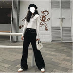 Floral Embroidery Black Cotton Pants